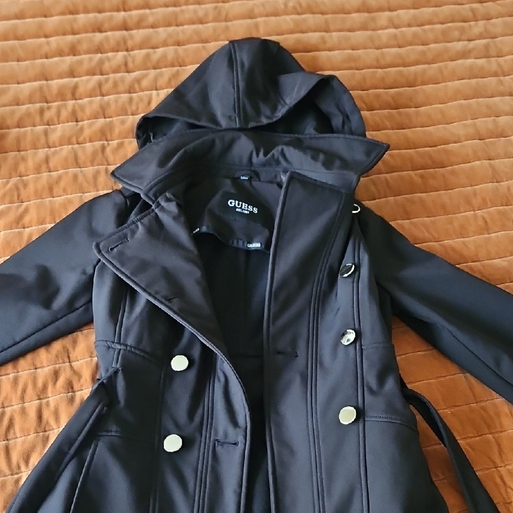 GUESS Women's Black Trench Coat with Hood